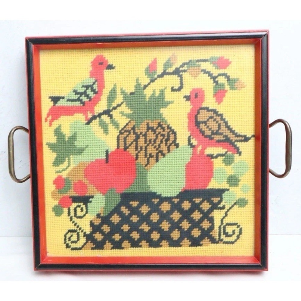 VTG Needlepoint Folk Art Bird Fruit Serving Tray Decor OOAK MCM Framed Handles